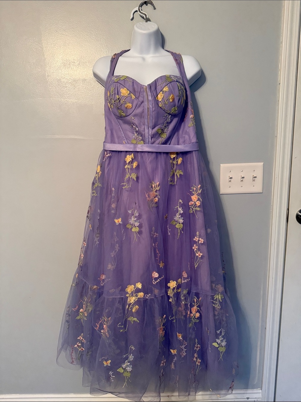Boho Labender Floral Embroidered Tulle Midi Dress